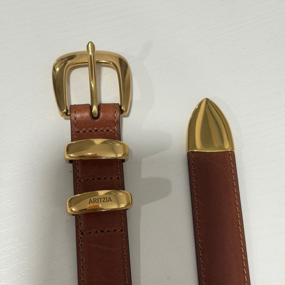 Aritzia Cognac Leather Belt with Gold Buckle